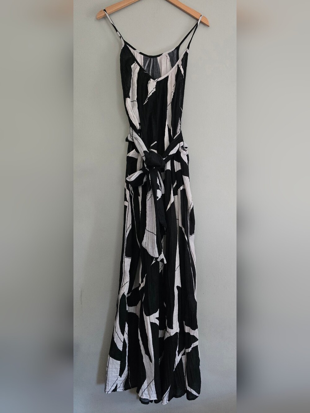 Anthropologie Boho White Black Sheer Print Cotton Gauze Wide Leg Jumpsuit, Large - Picture 2 of 8